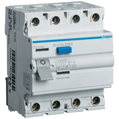 Дифреле (УЗО) Hager CD440J 4-полюсное 6kА 40А 30mA тип А 8450 фото